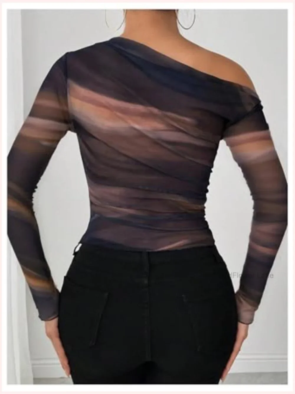 Asymmetric Off The Shoulder Long Sleeve Mesh Top - Picture 2 of 5